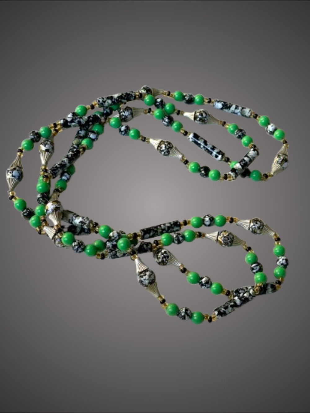Long vintage black, white, green beaded flapper necklace mod